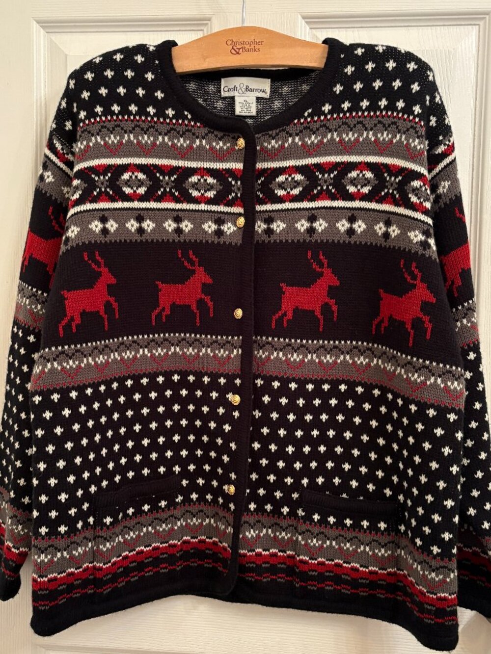 Croft & Barrow Vintage Christmas Cardigan Sweater Fair Isle Red Reindeer Size XL